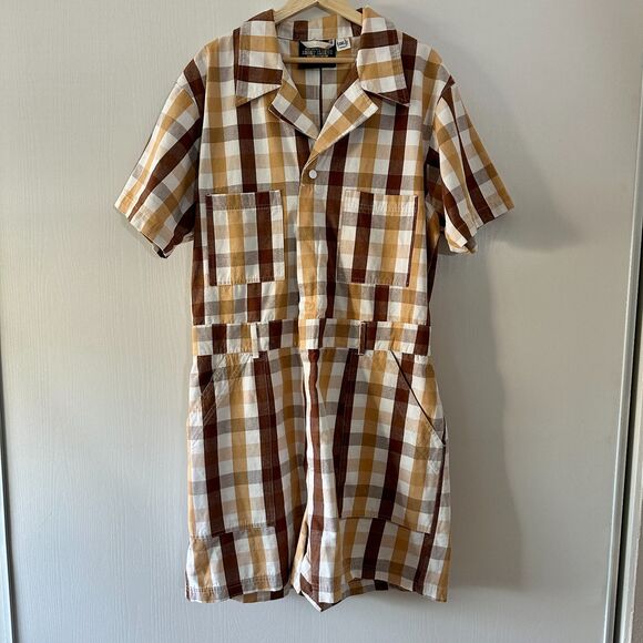 Big Bud Press Romper Jumpsuit Tan Brown Gingham Short Sleeve Shortalls Plus 2XL - Picture 1 of 10